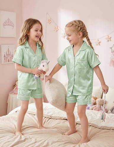 Arshiner Girls Pajamas Silk Satin Pajama Sleepwear Button Down Kids Pj Set | Soft Comfortable Silky Fabric, 2-Piece Pjs, Cute Pajamas for Little & Big Girls, Ideal for Lounging and Sleeping thumbnail 5
