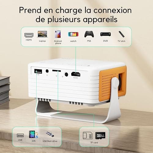 Yoton Mini Projecteur, Videoprojecteur 1080P Full HD Supportée, 200 ANSI, Zoom 50%, 2025 Upgraded Retroprojecteur Portable Compatible avec HDMI USB iOS Android Firestick PS5 | Format compact et léger, Rotation 180°, Zoom 50%, Haut-parleur intégré, Utilisation familiale, Connexion polyvalente thumbnail 7