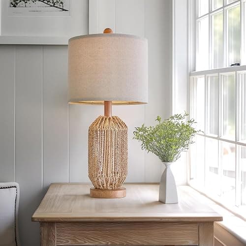 OYEARS 21" Boho Table Lamps Set of 2 for Living Room, Bedside Lamps for Nightstand, Rattan Lamp for Bedroom, Farmhouse Table Lamps for Boho Decor, End Table, Retro, Brown thumbnail 6