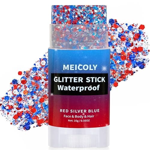 MEICOLY 4th of July Glitter Stick,Red White Blue Face Hair Glitter Stick with Star,Fourth of July Patriotic Accessories Outfits for Women,Soccer Softball Body Glitter Rave Makeup - Image 1