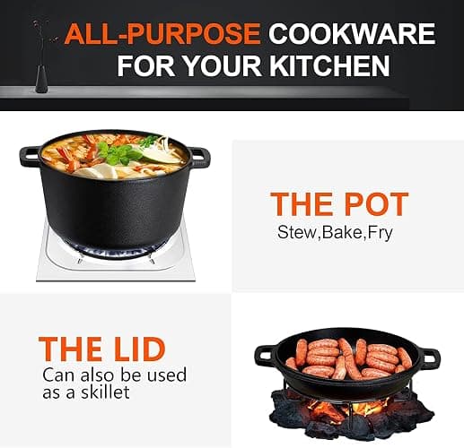 Overmont Olla Holandesa 4.73 L/ 5 Quart Cacerola de Hierro Fundido Tapa de Doble Función Sartén Plancha Pre Sazonado con Cubiertas de Manijas para Camping Cocina Casera Barbacoa Hornear thumbnail 5
