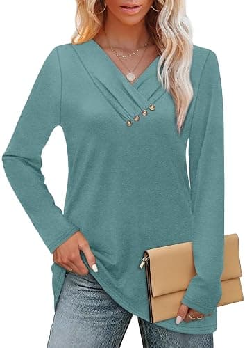 WIHOLL Long Sleeve Shirts for Women Fall Outfits V Neck T Shirts Button Down Tunic Tops Fashion Clothing thumbnail 2