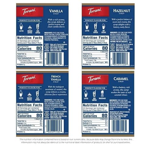 Torani Variety Pack Caramel, French Vanilla, Vanilla & Hazelnut, 25.4 Ounces (Pack of 4) - Caramel, French Vanilla, Vanilla, Hazelnut - 25.4 Fl Oz (Pack of 4) thumbnail 2