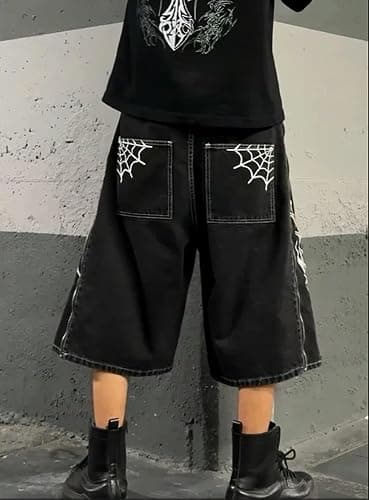 Wide-leg pants，Fashion clothes, Letter Print Baggy Denim Shorts Mens Vintage Zip Up Wide Leg Shorts Fashion Jorts Men Clothing thumbnail 4