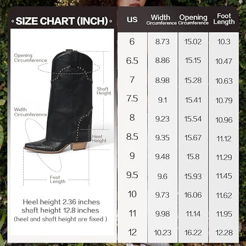 RONILURN Women Shark Boots Fold Over Mid Calf Chunky Heel Snip Toe Cowboy Cowgirl Pull On Studded Boots for Women thumbnail 9