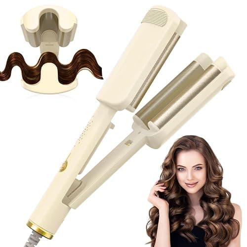 AISEELY 32MM Ceramic Curling Wand - 3 Barrel Beach Wave Hair Curler with Adjustable Temp (160°C-220°C), Anti-Scald Design & Travel Lock | Frizz-Free Waves for All Hair Types | White - Image 1