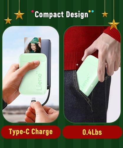 Liene Photo Printer, 2x3” Mini Portable Instant Photo Printer Bundle w/ 50 Zink Adhesive Paper, Bluetooth 5.0, Compatible w/iOS & Android, Small Color Mono Picture Printer for iPhone, Smartphone Green thumbnail 2