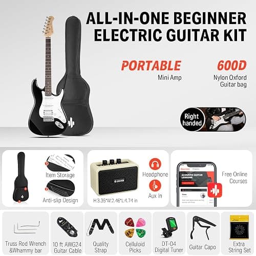Donner DST-100B 39 Inch Electric Guitar Beginner Kit Solid Body Full Size Black HSS for Starter, with Amplifier, Bag, Digital Tuner, Capo, Strap, String,Cable, Picks - Black - 39" Right Handed thumbnail 2