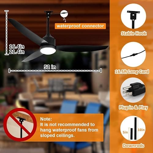 Depuley Outdoor Ceiling Fan with Light: 52 Inch Gazebo Fan Outdoor Hanging - Plug in Waterproof Fans with Lights for Patio - Dimmable Remote App Control Black thumbnail 6