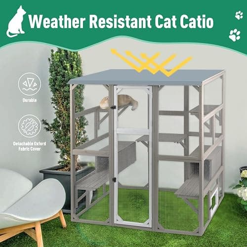 PetsCosset Outdoor Cat Catio Enclosures Large Wooden Cat House Patio for Indoor Cats Feral Cat Shelter with 2 Espace Doors, 2 Resting Rooms, 5 Platforms, Removable Waterproof Cover 67.7" H - 67.7"H Cat Catio thumbnail 5