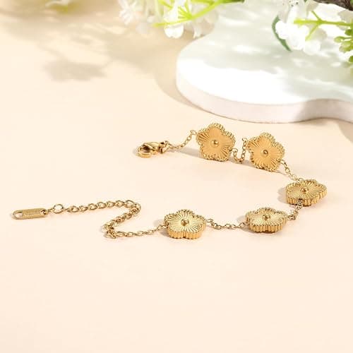 Clover Bracelets for Set Women, Van Cleef 18K Gold Plated Fashion Bracelet Four Leaf Lucky 5 Leaf Bracelet Jewelry Gifts 3Pcs thumbnail 5