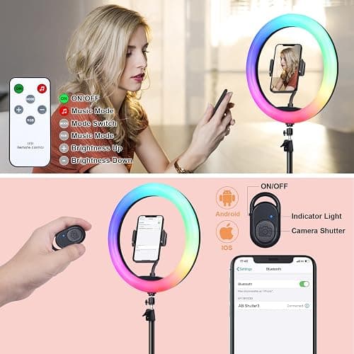 10" Selfie Ring Light with 73" Tripod Stand & 1 Phone Holder, LED Camera Ringlight with 48 RGB Colors Modes & Musical Rhythm Mode and 12 Brightness Dimmable for TikTok/Makeup/Photography/Vlog thumbnail 6