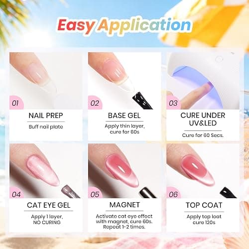 Beetles Summer Voyage Cat Eye Gel Nail Polish Set - 9ML 6 Colors Saltmist Sunset Summer Cat Eye Gel Nail Polish Kit Yellow Blue Green Pink Purple Soak Off UV Salon DIY at Home Manicure Gift for Women thumbnail 9