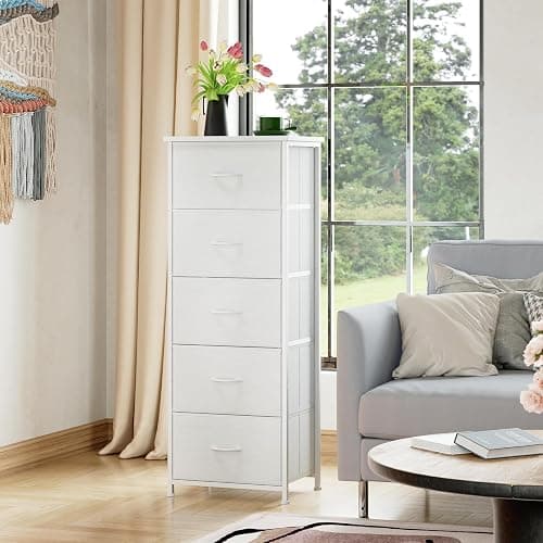 Somdot Tall Dresser for Bedroom with 5 Drawers, Storage Organizer Chest of Drawers with Removable Fabric Bins for Closet Bedside Living Room Laundry Entryway Hallway, White Leather thumbnail 4