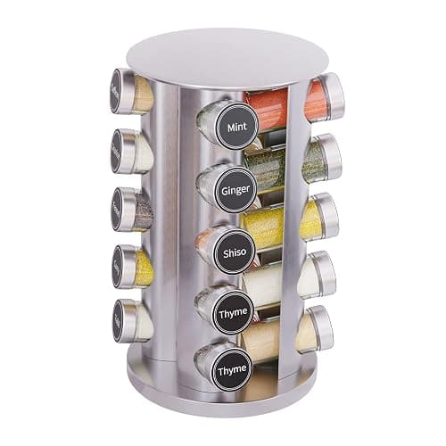 New England Stories Revolving Spice Rack Set with 20 Spice Jars, Kitchen Spice Tower Organizer for Countertop or Cabinet - Carousel Storage Includes 386 Spice Labels (Silver) - Image 1