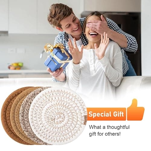 OIAHOMY 8 Pcs Coasters with Holder, Coasters for Drinks, Woven Cotton Absorbent Coaster Set for Kinds of Cups, Housewarming Gifts for Home Decor -Yellow thumbnail 6