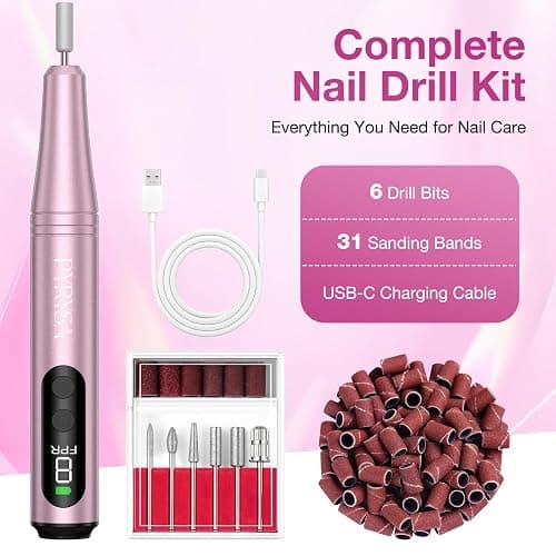PYRYSA Cordless Electric Nail Drill File, Professional Nail Drill Machine for Acrylic Gel Dip Powder Polish, LED Display, Rechargeable Portable Manicure Pedicure Kit for Beginners Home & Salon, Pink thumbnail 9