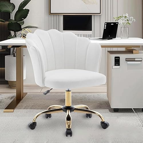 DRKAT Swivel Office Chair, Modern Home Office Desk Chair, Velvet Shell Back Vanity Chair with Golden Metal Base, Height Adjustable Upholstered Cute Task Chair, Ivory thumbnail 7