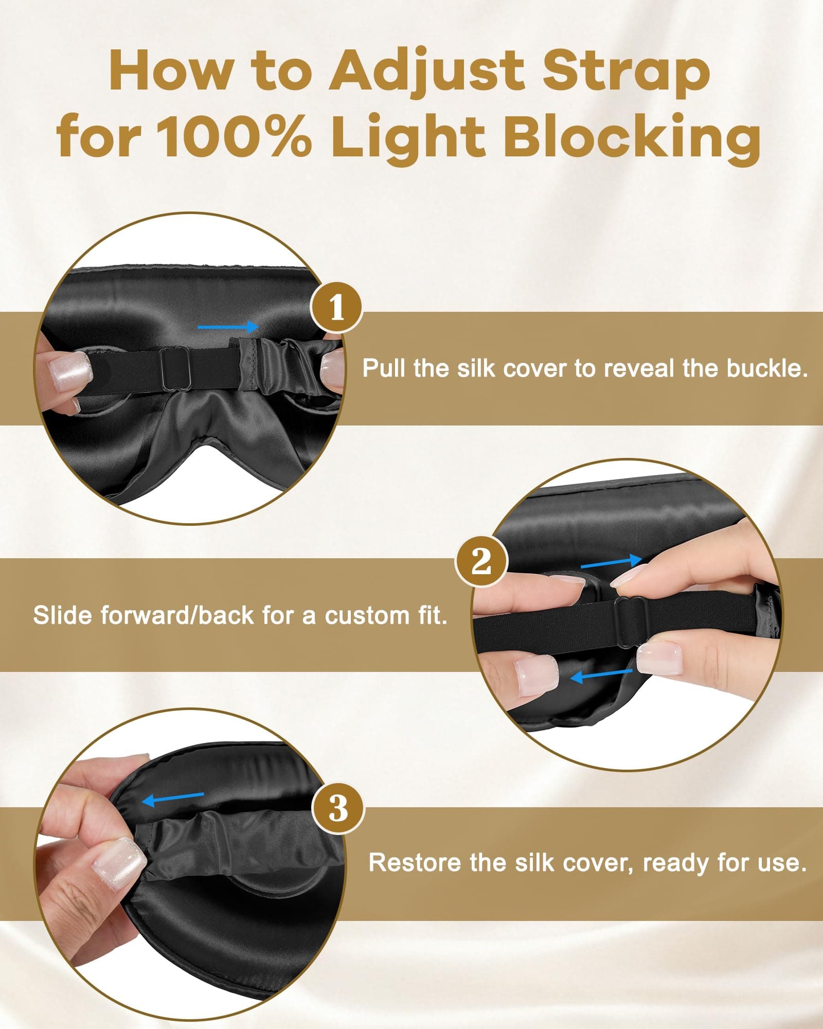 BeeVines Silk Sleep Mask, 1 Pack 22 Momme Silk Eye Masks for Sleeping with Adjustable Strap, 3D Contoured Sleep Eye Mask for Eyelash Extension, Blackout Mulberry Silk Eye Mask for Men & Women (Black) thumbnail 7