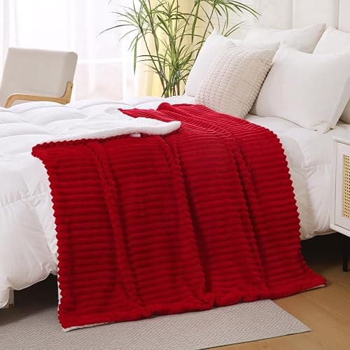 Linecooo Red Sherpa Fleece Throw Blanket 50”×60” for Couch Sofa Bed,Double Side Soft Fuzzy Cozy Plush Thick Flannel Blanket with Striped Design Gift for Adults,Woman,Girls thumbnail 4