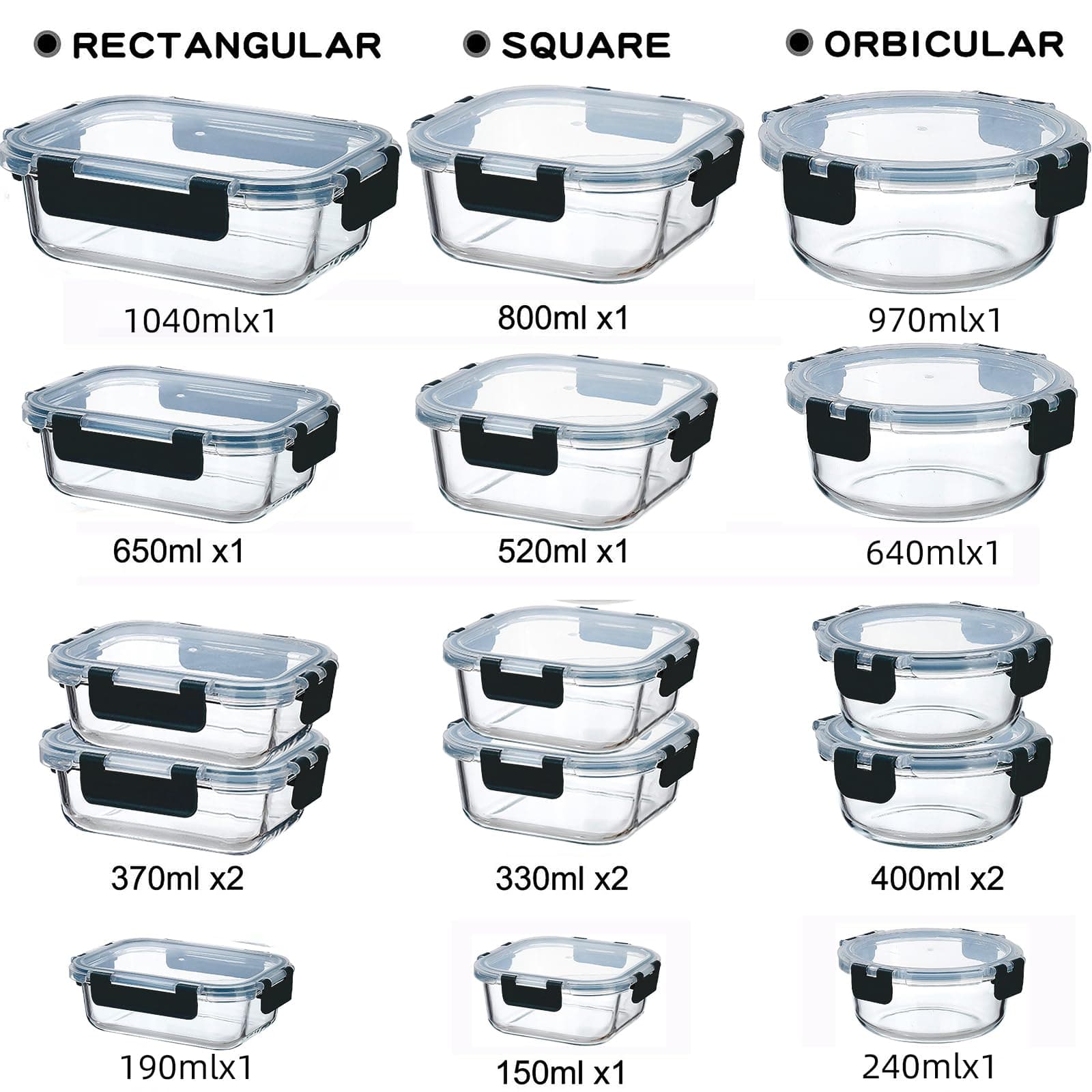 15 Pack Glass Food Storage Containers with Lids, Airtight Leak Meal Prep Glass Containers, 3 Size Lunch, BPA Free，Reusable for Kitchen Organization (15 pcs Black) thumbnail 2