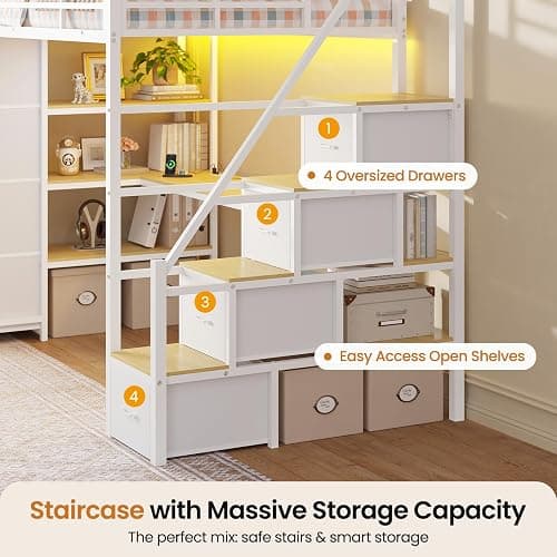 DICTAC Loft Bed Twin Size with Storage Stairs,Desk and Charging Station,Metal Twin Loft Bed with LED Lights,8 Storage Drawers,3-tier Shelves,Loft Beds for Kids,Teens,Adults with Safety Guardrail,White thumbnail 5
