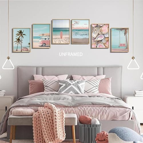 6Pcs Pink Coastal Beachy Wall Art Coastal Granddaughter Ocean Preppy Room Wall Decor Beach Aesthetic Paintings Pictures Posters Prints Artwork for Teen Girls Dorm Home Decoration(8x10 in Poster) thumbnail 6