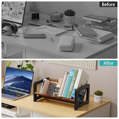 ELITEROO Desktop Bookshelf Organizer, Wood Slanted Desk Bookshelf, Small Tabletop Book Rack, Portable Mini Bookcase for Book Display, Cookbooks, Kids Reading, Office & Home Storage, Rustic Brown thumbnail 5
