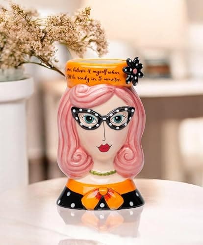 Cosmos Gifts Lady Pink Hair Pencil Vase, Makeup Brush Holder, 3 1/2" x 3" x 5 5/8" H, Multicolor (62609) thumbnail 2
