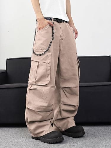 DFGIGT Mens Denim Baggy Pants with Cargo Pockets Mid Weight Casual Streetwear Wide Leg Jeans Hip Hop Skater Trousers thumbnail 2