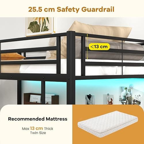 Giantex Twin Size Loft Bed with L Shape Desk, Metal Loft Bed with LED Lights, Charging Station & 2 Storage Shelves, Loft Bed Frame for Teens Adults Juniors w/Safety Guardrail, No Box Spring Needed thumbnail 7