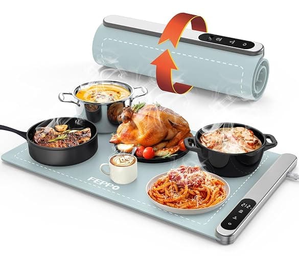 FEPPO Food Warming Mat, Upgrade High-tech Graphene Heating Film, Fast Full Surface Electric Warming Tray with 6 Level Adjustable Temperature and 6 Hours Timer, Roll Up Food Warmers for Parties Buffet - Image 1