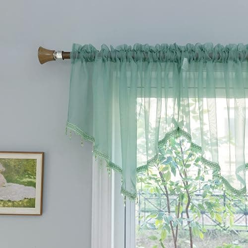 PearAge Beaded Sheer Valance Curtains for Living Room,Rod Pocket Farmhouse Window Valance, Bead Trim Tassel Voile Sheer Curtain Valance for Bedroom Bathroom Cafe 51x24 Inches (Mineral Blue) 1PC - Image 1