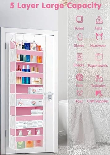 TAHAVICE Pink Over the Door Organizer - 5-Tier Hanging Storage with Clear PVC Windows & 10 Mesh Pockets, Cute Closet Organizer for Makeup, Perfume, Toys, Perfect Pink Room Decor for Girl thumbnail 6