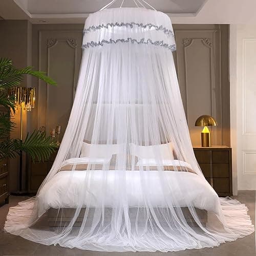 Kertnic Mosquito Net Bed Canopy for Girls, Princess Canopy Bed Curtain Fine Sheer Mesh Dome Bed Canopies, Girls & Adults Lace Tent for Twin Full Queen King Bed (White) thumbnail 3
