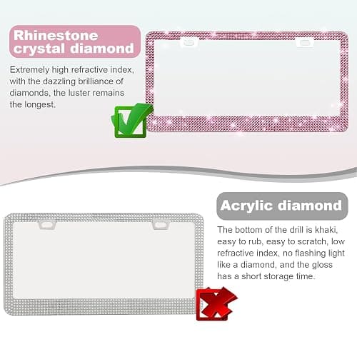 QUANQIUFEI 2 Pack Bling License Plate Frames for Women, Sparkly Rhinestone Diamond Car Accessories with Glitter Crystal Caps (Dark Pink) thumbnail 3
