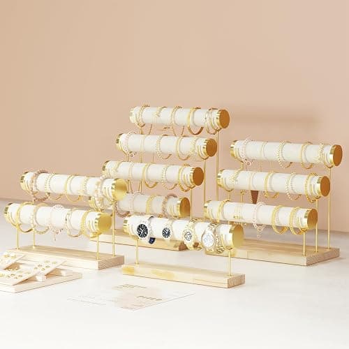 ProCase Bracelet Holder Display Bracelet Organizer Stand, Gold Detachable Bangle Storage Rack for Selling, Velvet Wrap Watch Holder with Wooden Base for Women Girls, Business Supplies - 3 Tier, Beige thumbnail 7