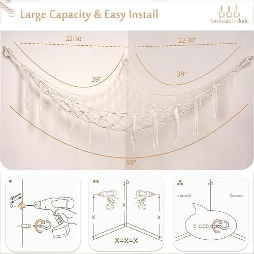 YKBU Stuffed Animals Hammock Corner Hanging Net Macrame Stuffed Animal Storage Plush Toy Holder Toy Organizer for Boho Nursery Playroom Bedroom Kids Room (cream, Large) thumbnail 5