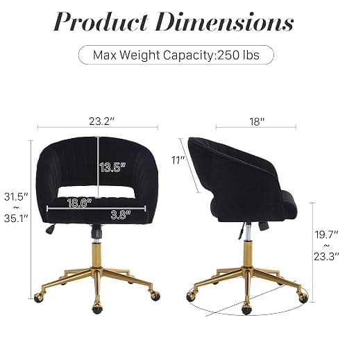 HENGJIANYI Home Office Swivel Desk Chair, Modern Velvet Vanity Chair, Height Adjustable Armchair with Gold Base, Ergonomic Office Chair for Task Study Computer Room, Black thumbnail 3