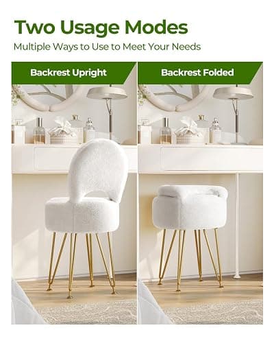 GREENSTELL Small Vanity Stool Chair with Storage and Folding Back, 13" x 13" x 17.7" Faux Fur Soft Ottoman for Teenager, 4 Metal Legs with Anti-Slip Feet, Furry Padded Seat for Makeup, Bedroom, White thumbnail 5