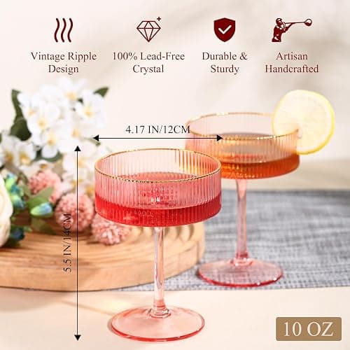comfit Pink Martini Glasses Set of 4 with Golden Rim,10Oz Ribbed Colored Cocktail Glassware,Vintage Pink Couple Glasses, Elegant Bar Glassware for Martinis,Champagne,Wine（Gold Mixing Spoon Included） thumbnail 2