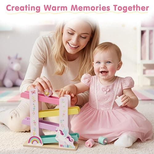 Lehoo Castle Wooden Car Ramp Toys for 1 Year Old Girl Birthday Gifts, Unicorn Montessori Toys for One Year Old, Wooden Race Track with 4 Rollers Toddler Toys for 2 Year Old Girl thumbnail 8