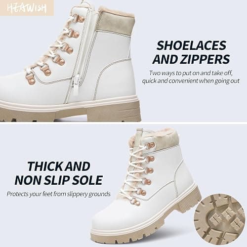 Women Winter Snow Boots with Fur Lined,Black Low heels Combat Ankle Boots,Non Slip Leather Ankle Boots for Women thumbnail 4