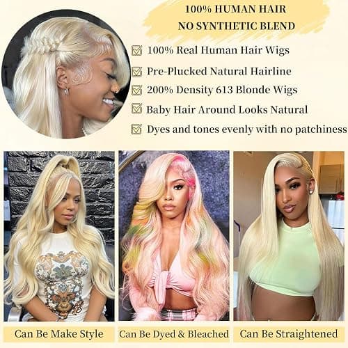 Femca 613 13x6 Lace Front Wig Human Hair 30 Inch 100% Real Blonde Wig Human Hair Body Wave HD Lace Front Wigs Human Hair 200 Density Easily Stained No Tangle Minimal Shedding Longer Life thumbnail 6