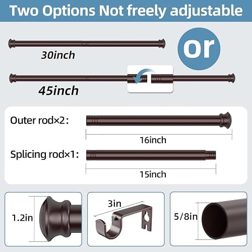 CorkLatta Bronze Curtain Rods for Windows 30 or 45 Inches with Brackets,Decorative 5/8 Inch Diameter Small Window Curtain Rod Set for Bedroom, Room Divider, Living Room, Kitchen, Bathroom thumbnail 2