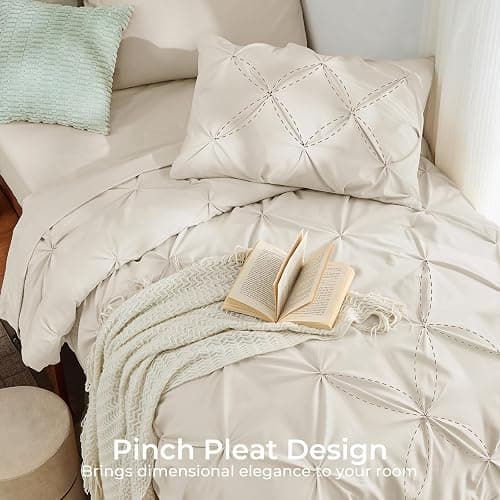Sasttie Twin Comforter Set, 5-Piece Bed in a Bag, Pintuck Bedding Sets for All Season, Includes Comforter, Flat Sheet, Fitted Sheet, Pillowcase and Pillowsham, Beige thumbnail 4