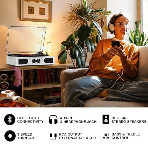 VinylsLink Vinyl Record Player with Built-in Stereo Speakers and Bass Adjust, Portable Vintage 3-Speed Belt-Driven, Bluetooth Input, RCA Line Out AUX in Headphone Jack, White Wood thumbnail 2