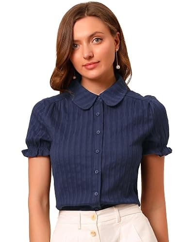 Allegra K Women's Peter Pan Collar Shirt Cotton Vintage Short Sleeve Button Down Shirt - Image 1