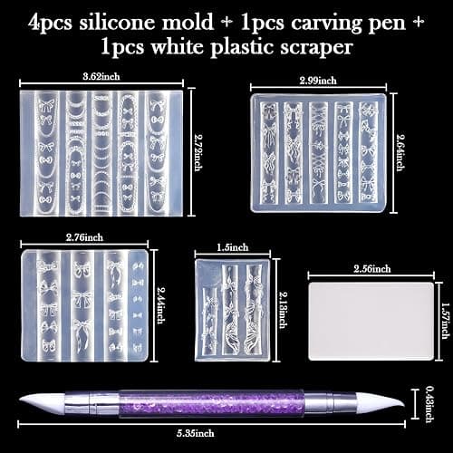 Laza 4pcs Bowknot Silicone Nail Art Molds, 3D Multiple Shapes Ribbon Lace Bows Charms Silicone Nail Accessories with Carving Pen Resin Nail Art Mold Manicure Tools for Women DIY Manicure Design thumbnail 3