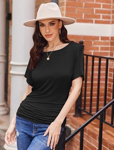 Misakia Womens Ruched Tops Casual T Shirts Dolman Short Sleeve Shirts Boat Neck Summer Off Shoulder Batwing Tops 2025 thumbnail 3